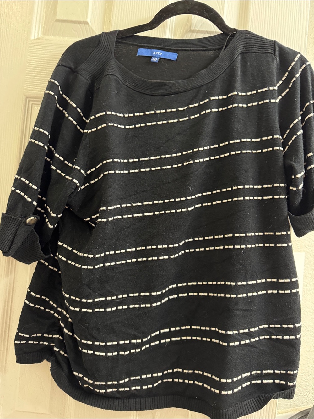Apt. 9 Black Short-Sleeve Knit Top with White Stitch Stripes
